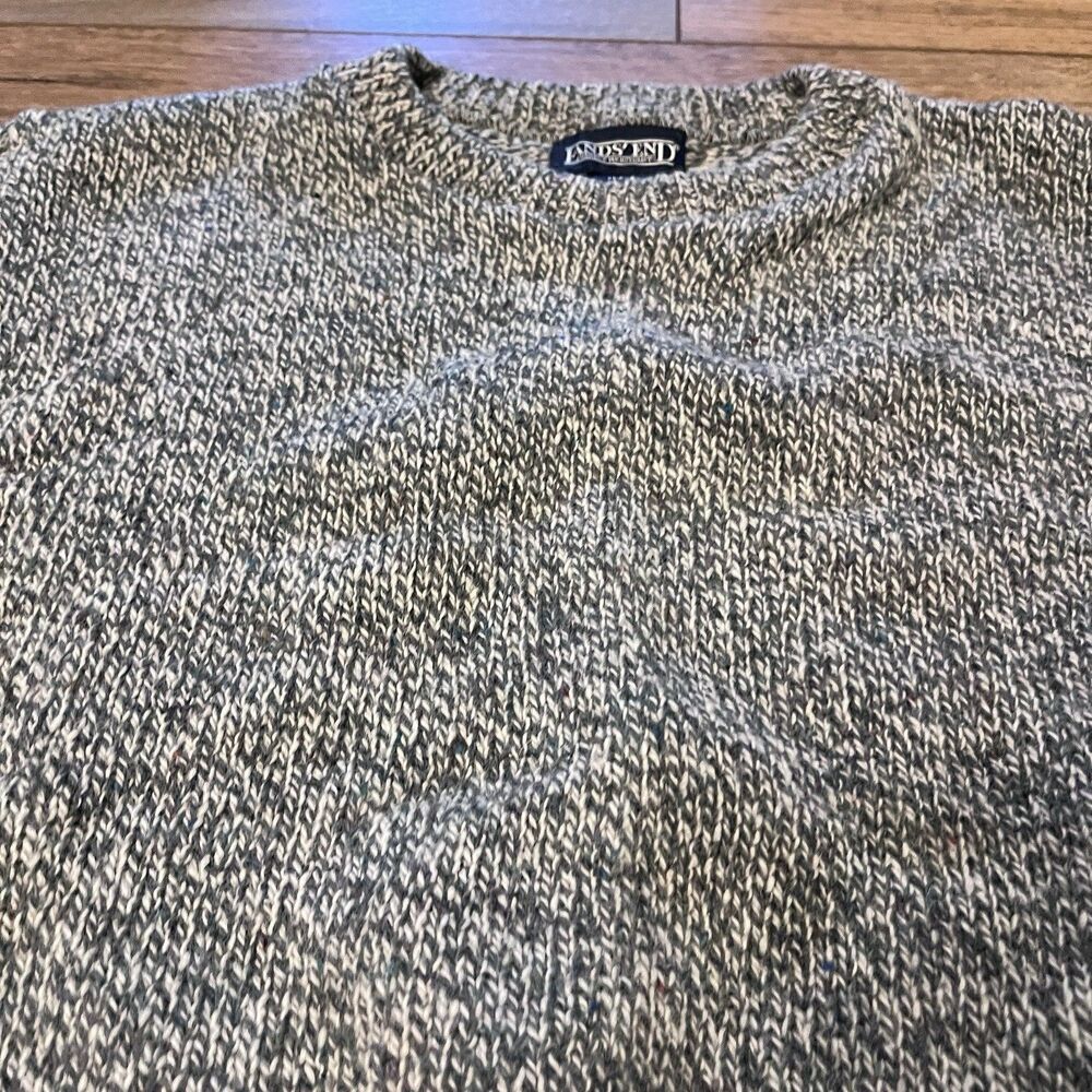 Vintage Lands' End Beige Marled Wool Fisherman Crewneck Knit Sweater L USA Made - Picture 3 of 6